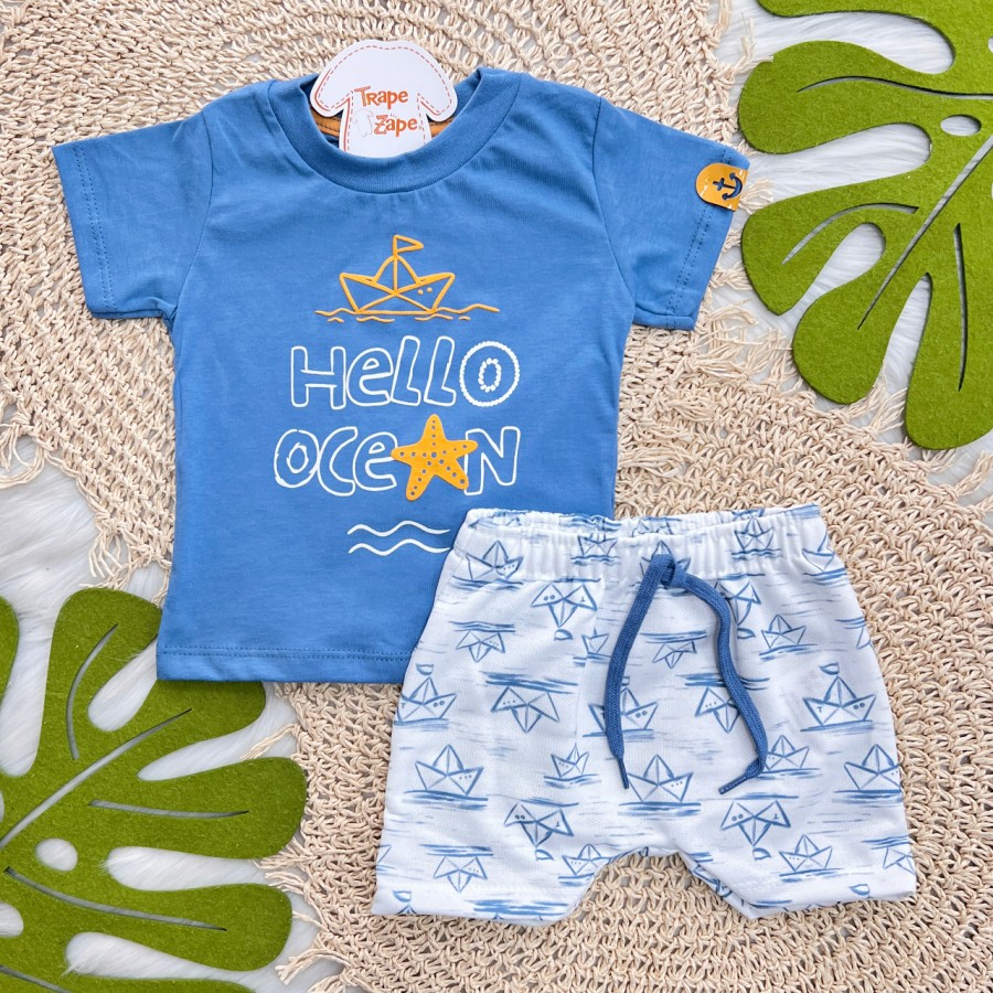 Conj. Camiseta Hello Ocean e Bermuda Barquinhos de Papel - Azul Jeans e Laranja